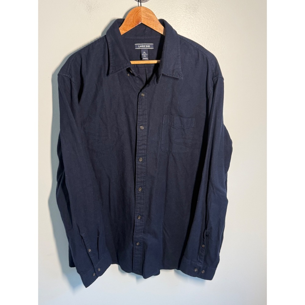 Lands End Mens XL Navy Blue Cotton Twill Long Sleeve Button Down Shirt Classic